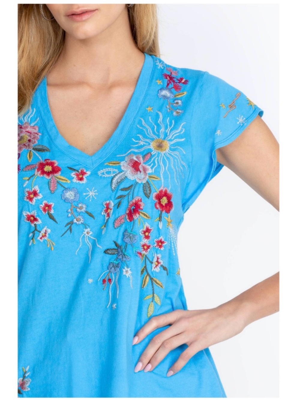 Johnny Was Lissa Flutter Sleeve Tee Blue Embroidered - Size XS - Picture 13 of 13